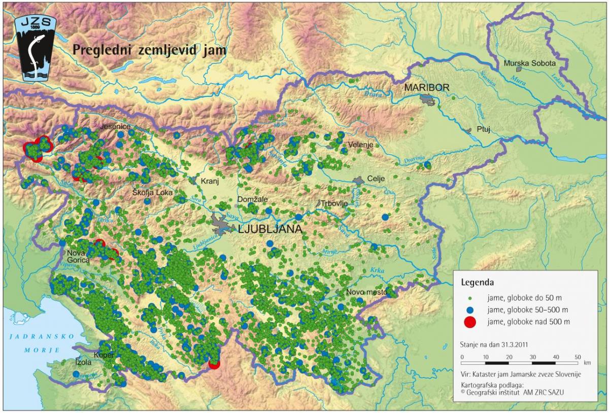 Mapa de las cuevas de Eslovenia