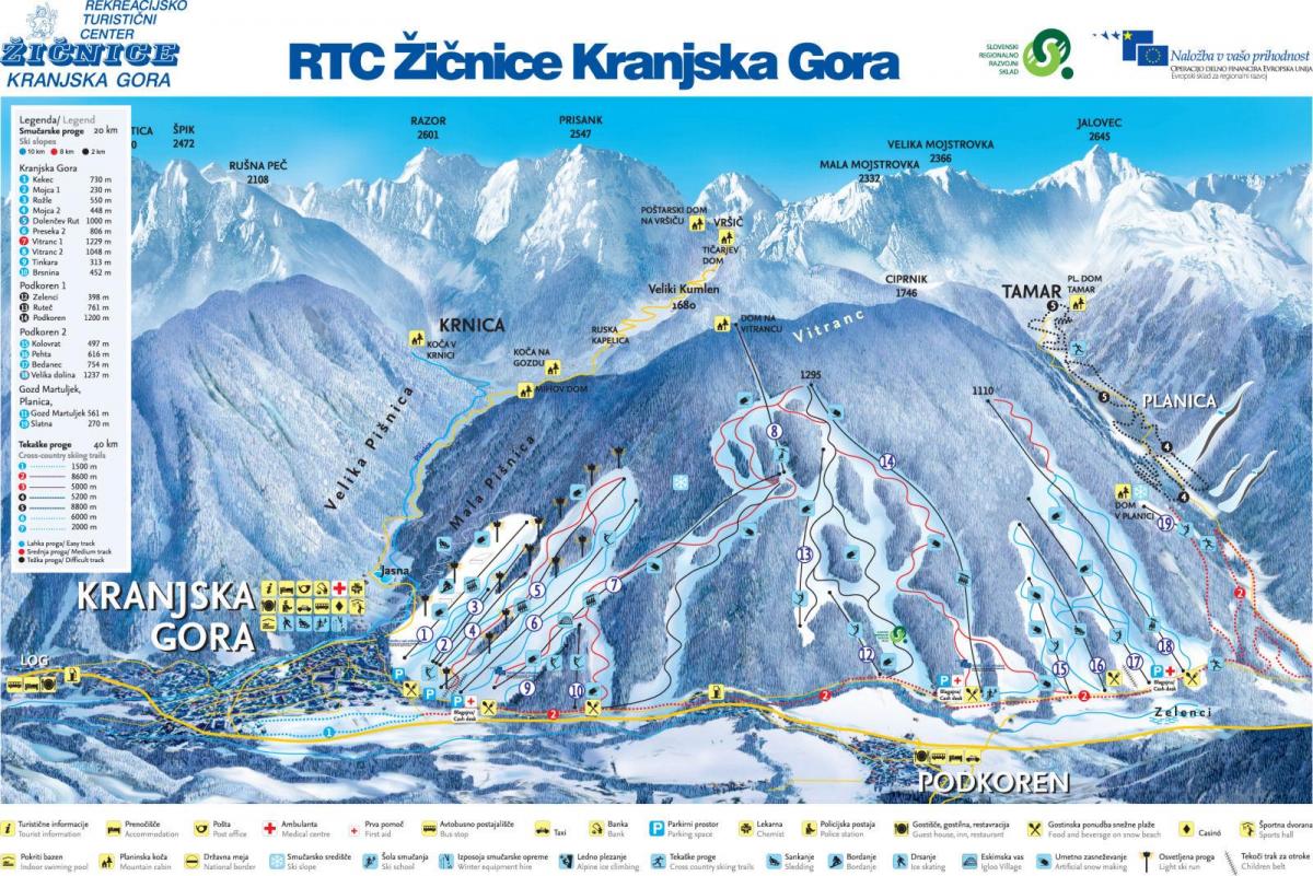 Mapa de estaciones de esquí de Eslovenia