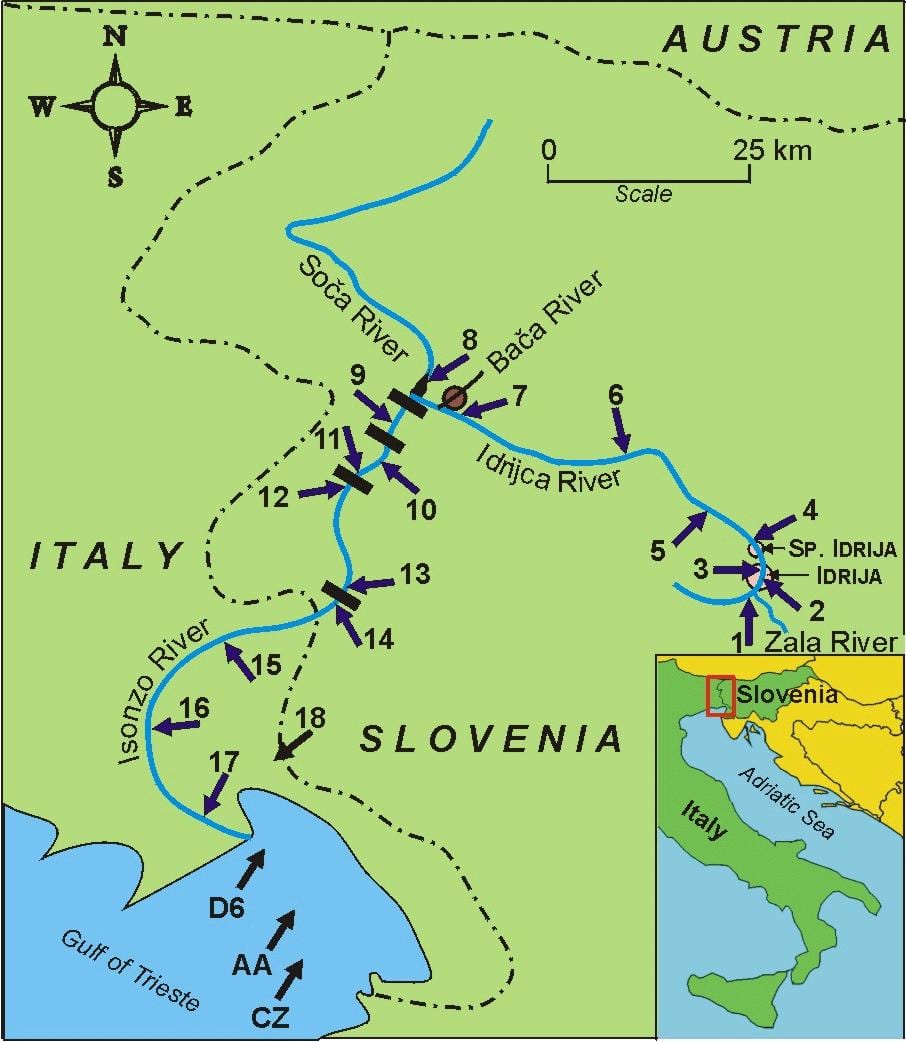 Mapa de río soca Eslovenia